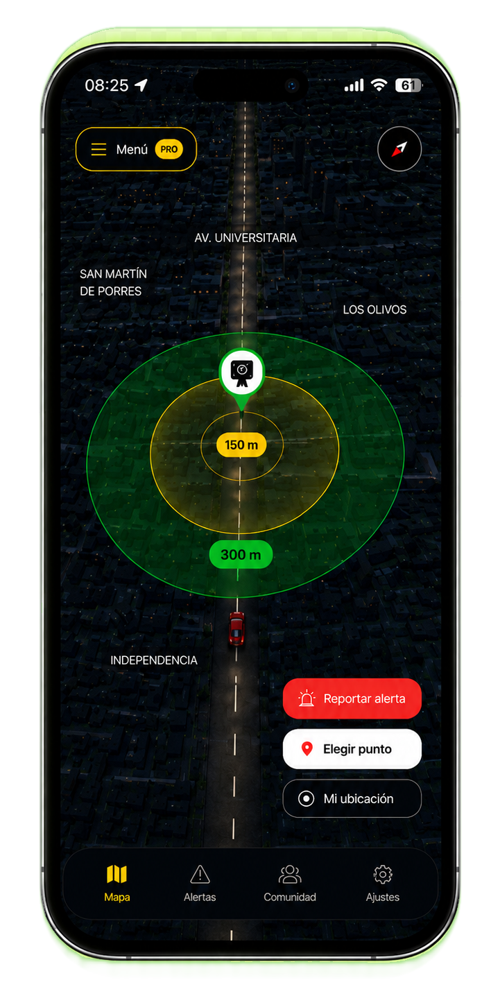 Celular con el aplicativo 3D de Alertas Lima mostrando una cámara cercana y radios de aviso